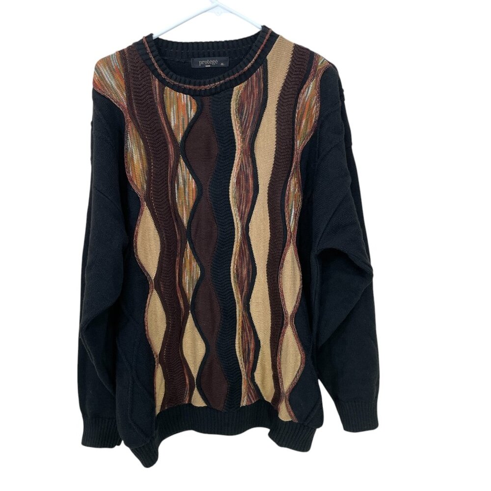 Vtg 90s Protege 3D Knit Sweater Men XL Made in USA Black Brown Coogi Style Cosby